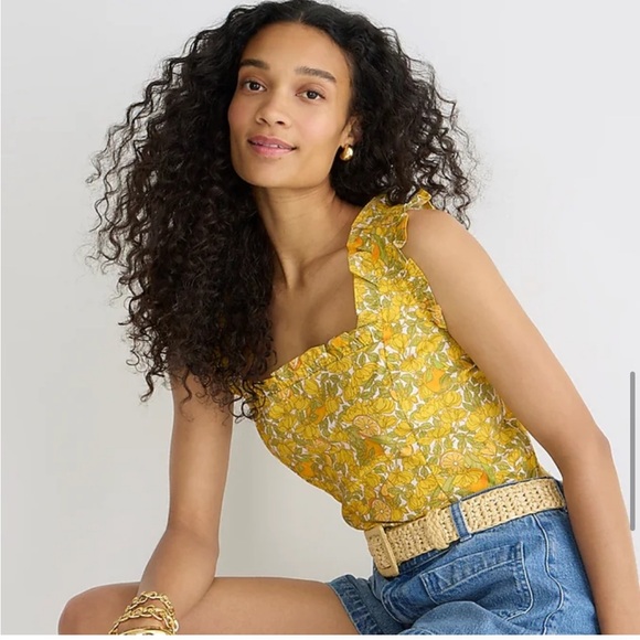 J. Crew Ruffle-trim stretch cotton poplin top in limone print (lemon print) - Picture 2 of 8